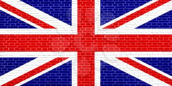 Flag of the United Kingdom on brick wall texture background. British national flag. Union Jack.