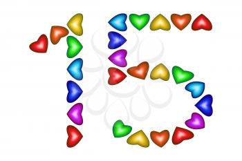 Number 15 made of colorful hearts on white. Love figures. Multicolored icon. Greeting card. Happy birthday invitation. Holiday anniversary sign. Number fifteen from rainbow hearts. illustration