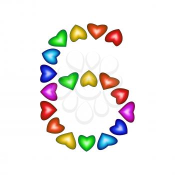 Number 6 of colorful hearts on white. Symbol for happy birthday, event, invitation, greeting card, award, ceremony. Holiday anniversary sign. Multicolored icon. Six in rainbow colors.