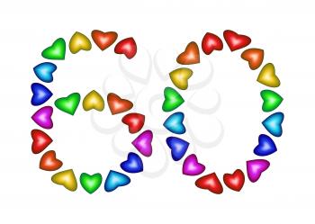 Number 60 of colorful hearts on white. Symbol for happy birthday, event, invitation, greeting card, award, ceremony. Holiday anniversary sign. Multicolored icon. Sixty in rainbow colors.