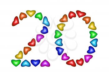 Number 20 of colorful hearts on white. Symbol for happy birthday, event, invitation, greeting card, award, ceremony. Holiday anniversary sign. Multicolored icon. Twenty in rainbow colors.