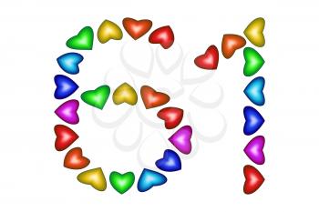 Number 61 of colorful hearts on white. Symbol for happy birthday, event, invitation, greeting card, award, ceremony. Holiday anniversary sign. Multicolored icon. Sixty one in rainbow colors.