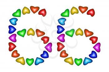 Number 66 of colorful hearts on white. Symbol for happy birthday, event, invitation, greeting card, award, ceremony. Holiday anniversary sign. Multicolored icon. Sixty six in rainbow colors.