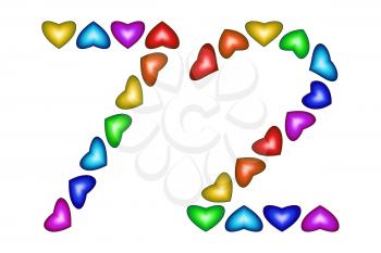 Number 72 of colorful hearts on white. Symbol for happy birthday, event, invitation, greeting card, award, ceremony. Holiday anniversary sign. Multicolored icon. Seventy two in rainbow colors.