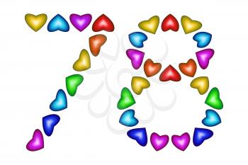 Number 78 of colorful hearts on white. Symbol for happy birthday, event, invitation, greeting card, award, ceremony. Holiday anniversary sign. Multicolored icon. Seventy eight in rainbow colors