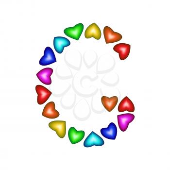 Letter G made of multicolored hearts on white background