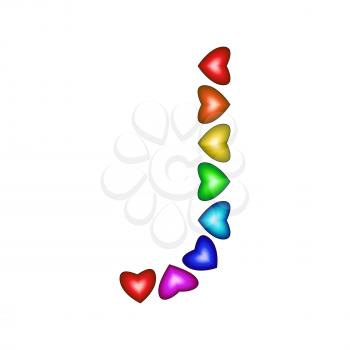 Letter J made of multicolored hearts on white background 