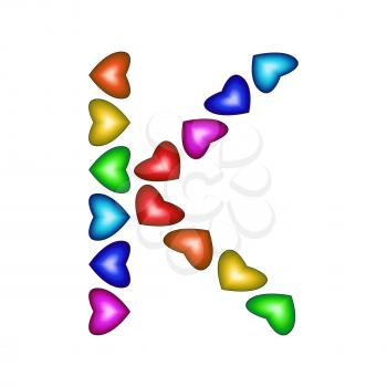 Letter K made of multicolored hearts on white background