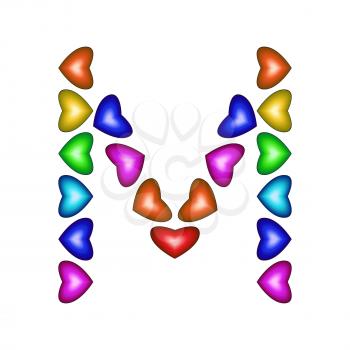 Letter M made of multicolored hearts on white background