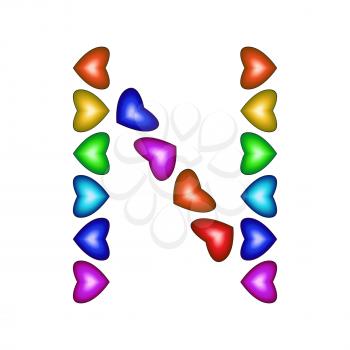 Letter N made of multicolored hearts on white background