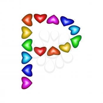 Letter P made of multicolored hearts on white background