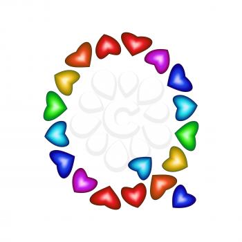 Letter Q made of multicolored hearts on white background