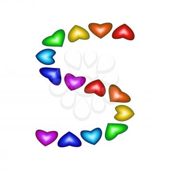 Letter S made of multicolored hearts on white background