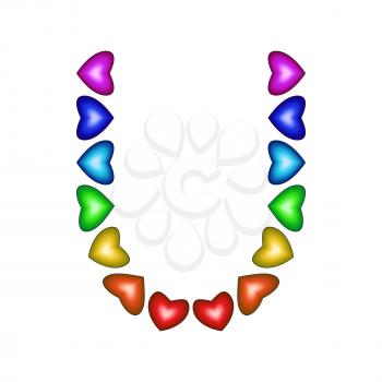 Letter U made of multicolored hearts on white background