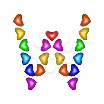 Letter W made of multicolored hearts on white background