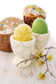 Easter cakes with eggs, festive still life 