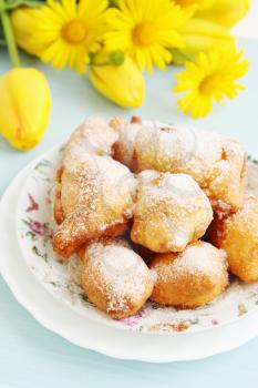 spring breakfast homemade donuts with powdered sugar