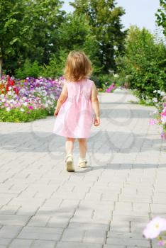 little girl walks on a flowers alley