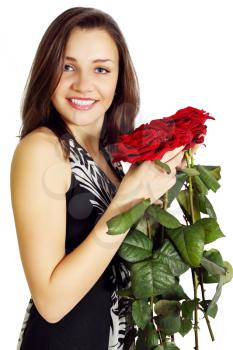 Woman with a bouquet of roses on white background 