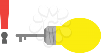 Vector yellow light bulb with key and red exclamation mark keyhole.