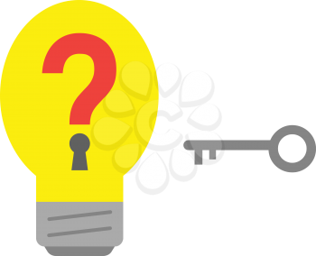 Yellow vector light bulb with red question mark keyhole and grey key.