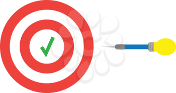 Vector red bullseye target with check mark and yellow blue light bulb dart