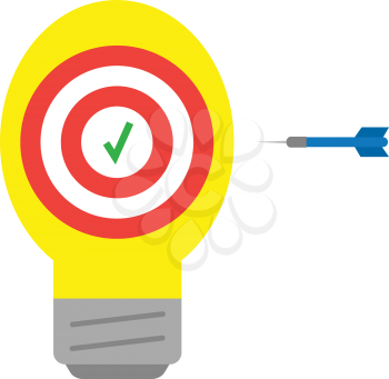 Vector yellow light bulb with red bullseye target with check mark and blue dart.