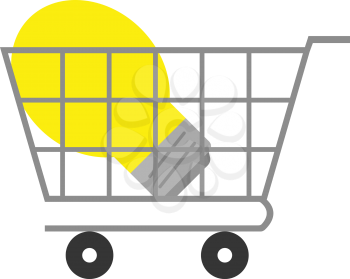 Vector yellow light bulb inside grey shopping cart .
