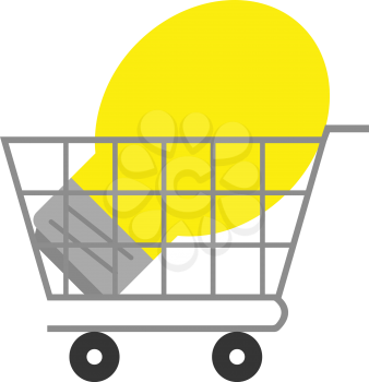 Vector yellow light bulb inside grey shopping cart .
