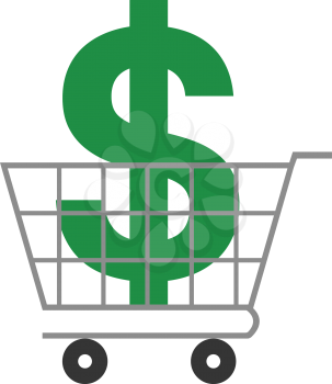 Vector green dollar symbol inside grey shopping cart.