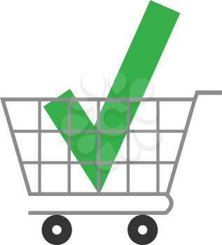 Vector green check mark inside in grey shopping cart.