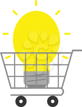 Vector yellow light bulb inside in grey shopping cart.