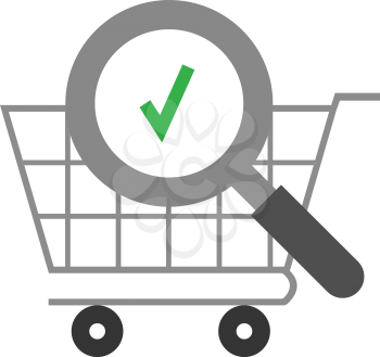 Vector grey magnifier with green check mark against grey shopping cart