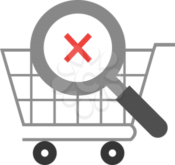 Vector grey magnifier with red x mark against grey shopping cart