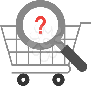 Vector grey magnifier with red question mark against grey shopping cart