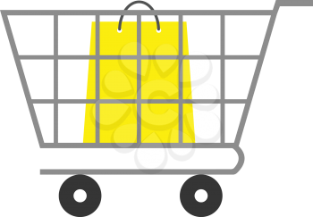 Vector yellow shopping bag inside grey shopping cart.