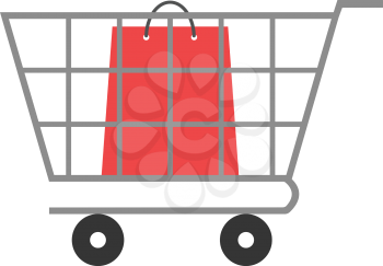 Vector red shopping bag inside grey shopping cart.