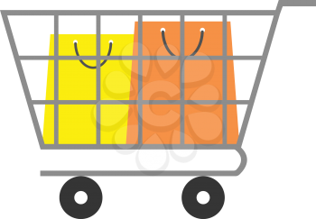 Vector yellow and orange shopping bag inside grey shopping cart.