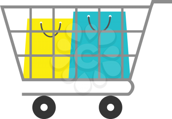 Vector yellow and turquoise shopping bag inside grey shopping cart.