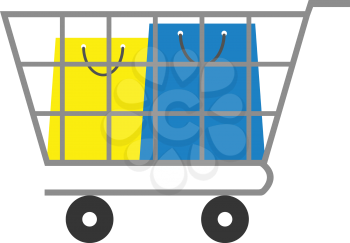 Vector yellow and blue shopping bag inside grey shopping cart.