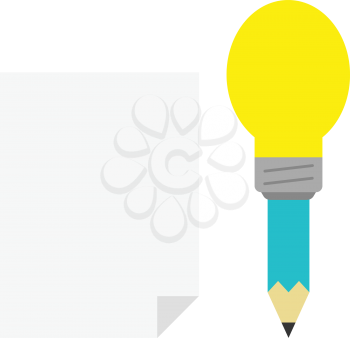 Vector turquoise pencil with yellow light bulb tip with blank paper.