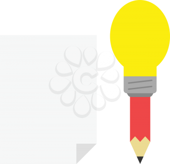 Vector red pencil with yellow light bulb tip with blank paper.