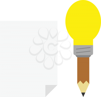 Vector brown pencil with yellow light bulb tip with blank paper.