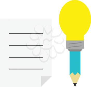 Vector turquoise pencil with yellow light bulb tip with lined paper.
