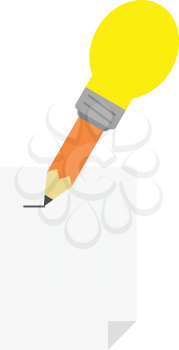 Vector orange pencil with yellow light bulb tip drawing line on paper.