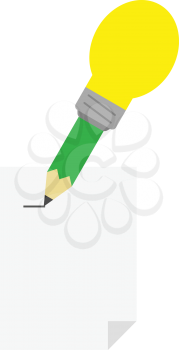 Vector green pencil with yellow light bulb tip drawing line on paper.