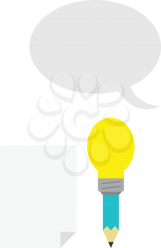 Vector turquoise pencil with yellow light bulb tip with blank paper and grey speech bubble.