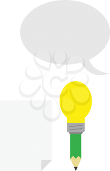 Vector green pencil with yellow light bulb tip with blank paper and grey speech bubble.