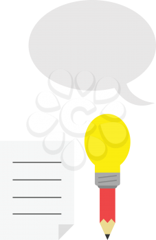 Vector red pencil with yellow light bulb tip with lined paper and grey speech bubble.