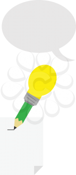 Vector green pencil with yellow light bulb tip with lined paper and grey speech bubble.